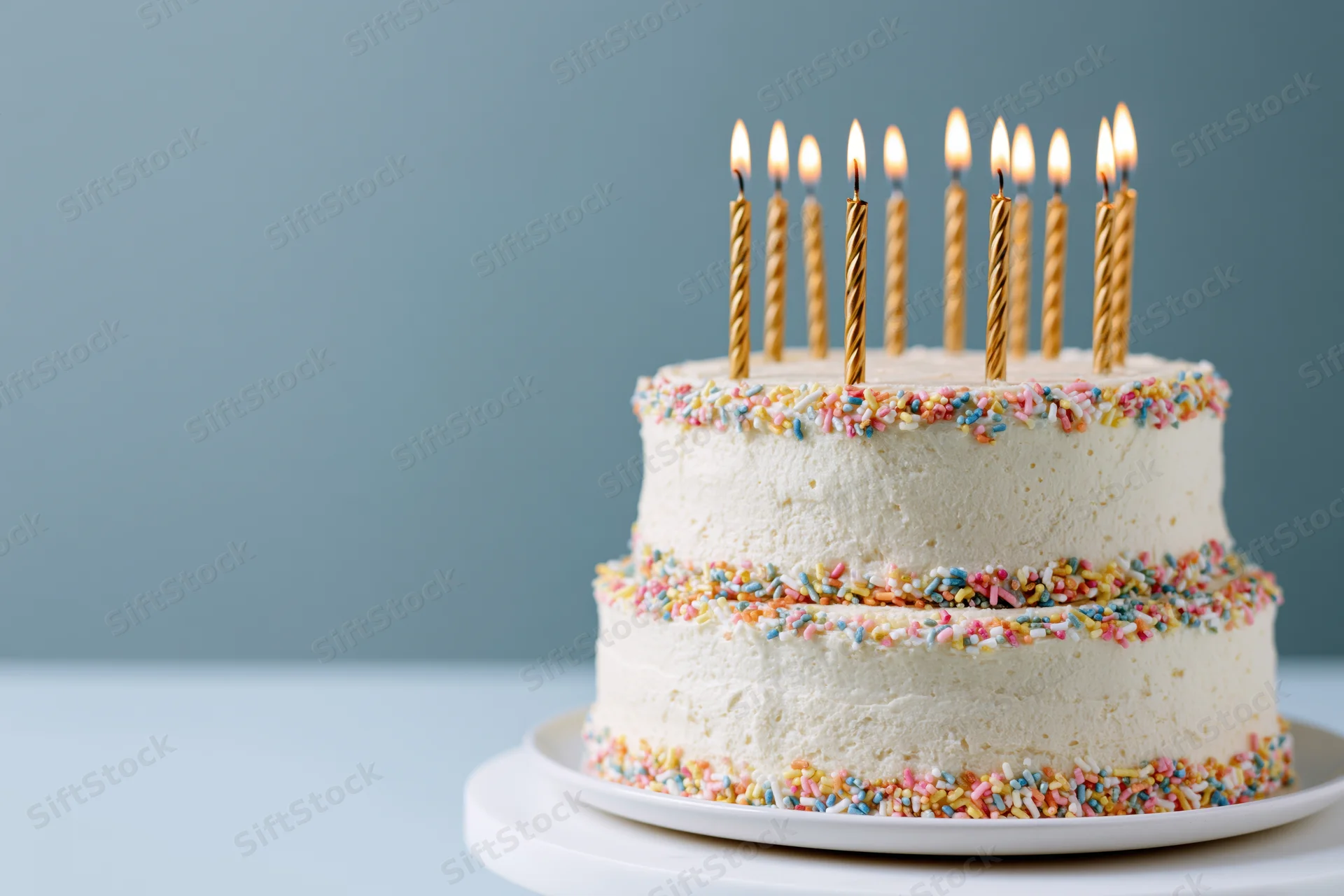 Three-tier white buttercream cake with lit golden candles and colorful sprinkles on a white stand against a blue background