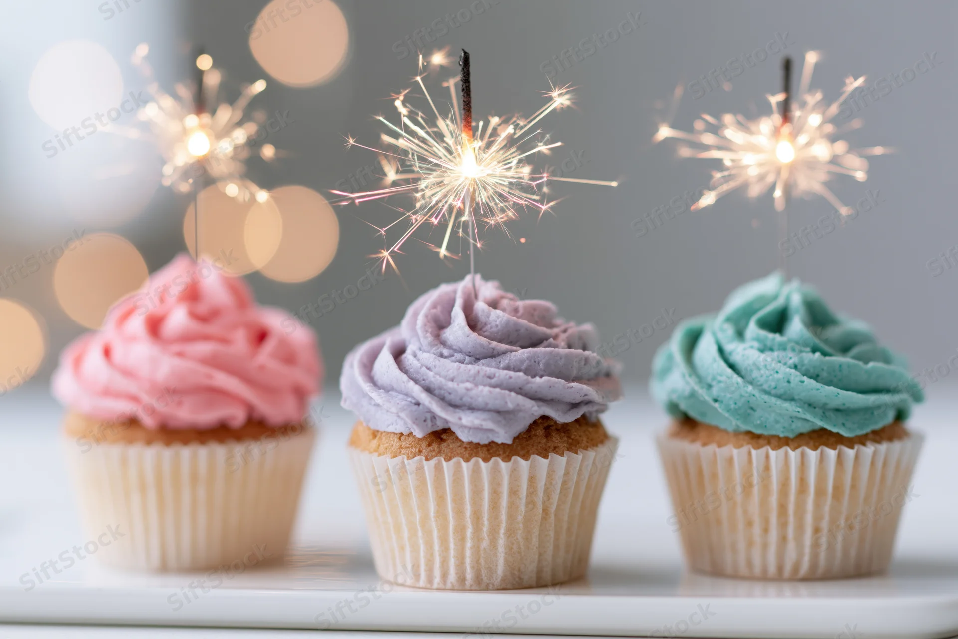 Three cupcakes with pink, lavender and teal frosting topped with sparklers on a white platter
