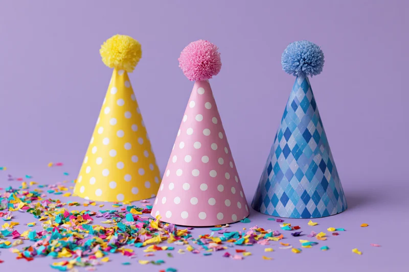 Three colorful paper party hats with pompons arranged on a purple surface with scattered confetti