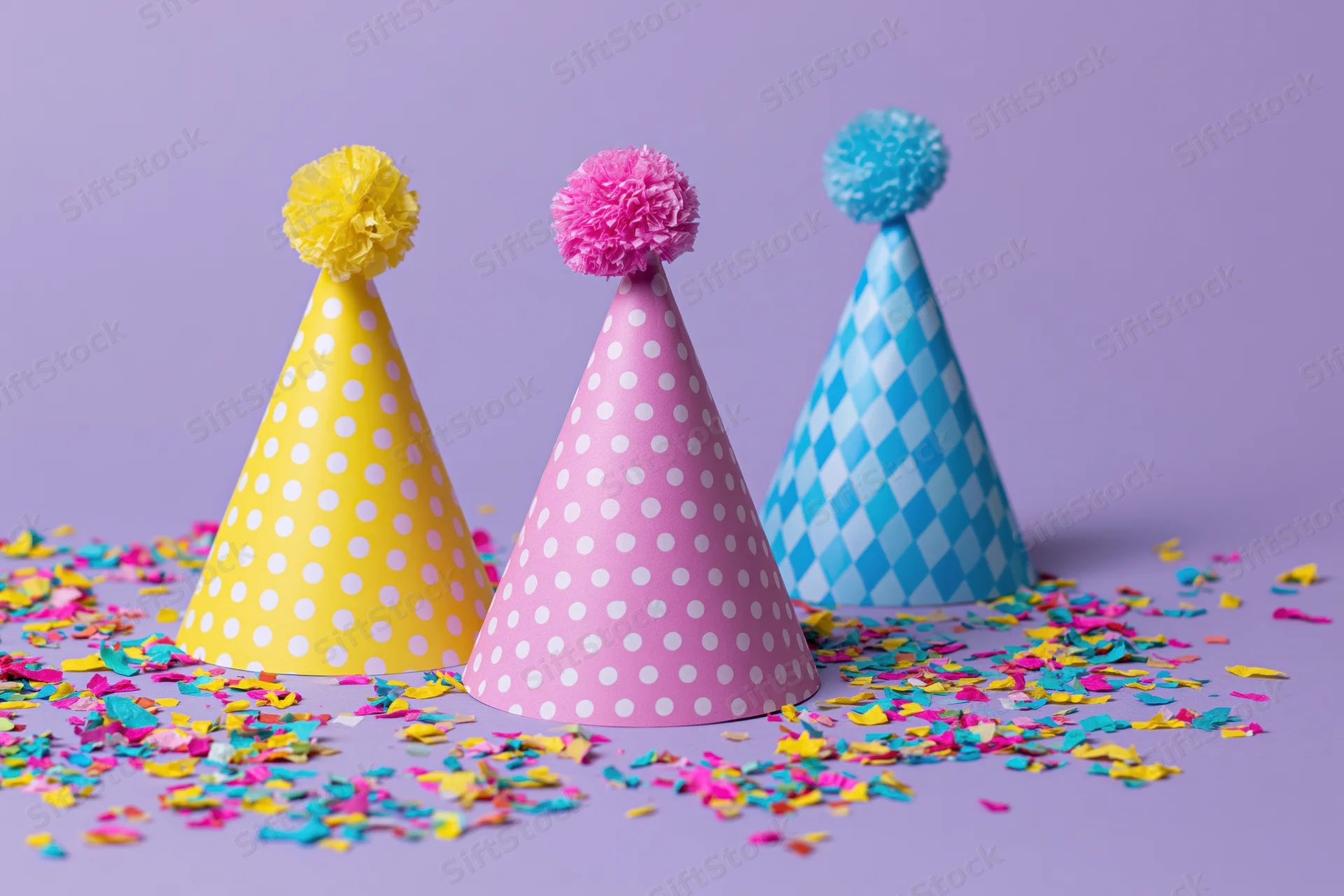 Three colorful paper party hats with pom poms and scattered confetti on a purple surface
