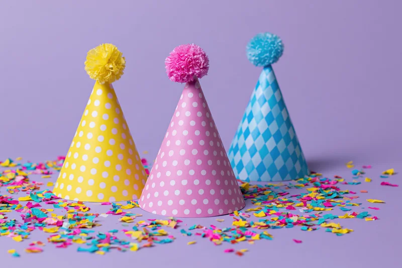 Three colorful paper party hats with pom poms and scattered confetti on a purple surface