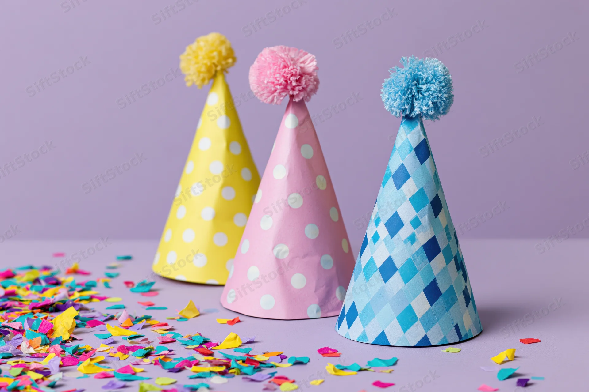 Three colorful paper party hats with pompons arranged on a purple surface with scattered confetti