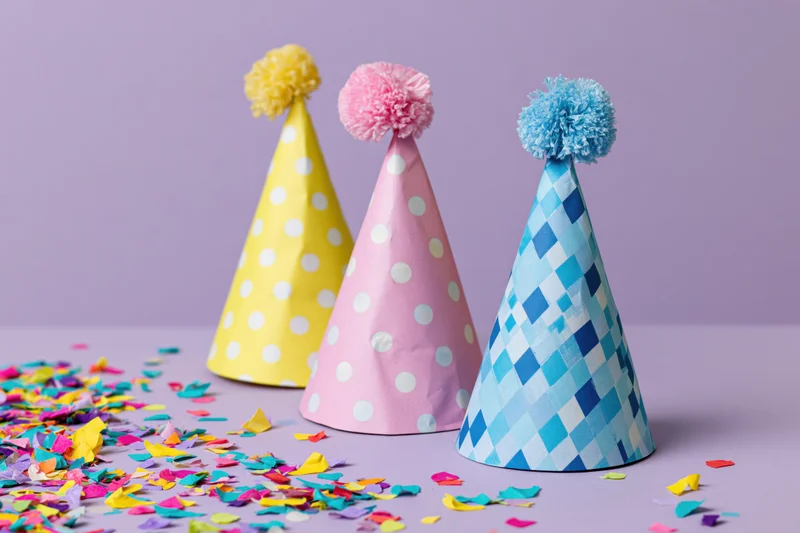 Three colorful paper party hats with pompons arranged on a purple surface with scattered confetti