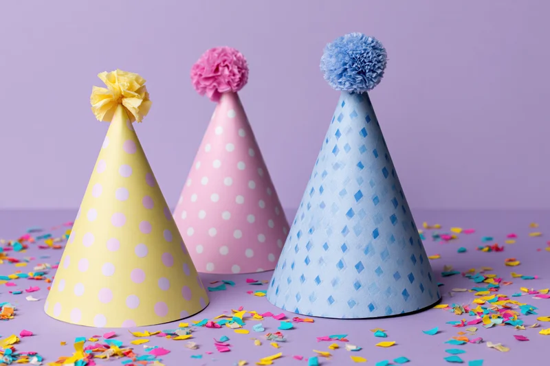Three colorful paper party hats with pompons arranged on a lavender surface surrounded by confetti