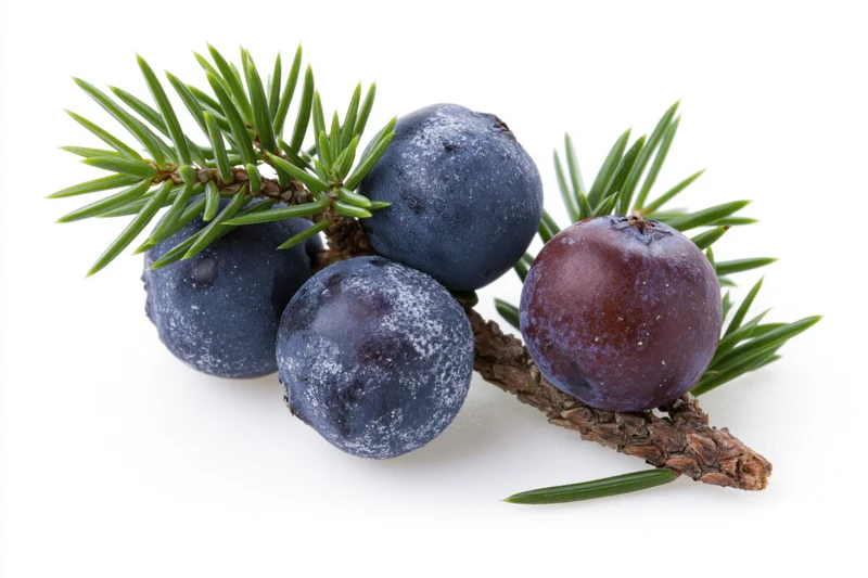 Juniper berries with green needles on a branch isolated on white background