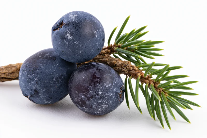 Three dark blue-purple juniper berries clustered with a small pine branch on white background