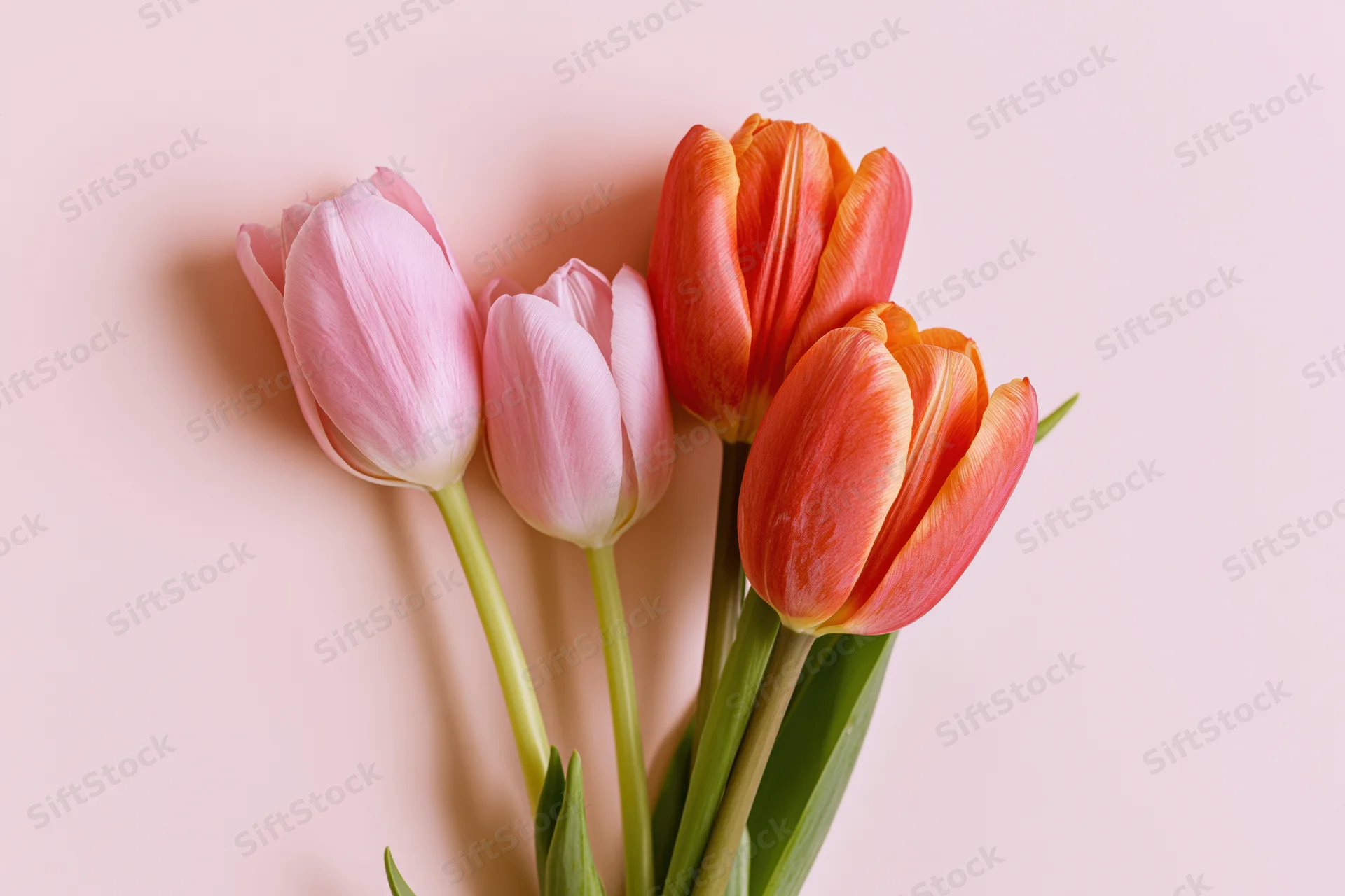 Four tulips in pink and orange-red arranged on a soft pink surface with copyspace