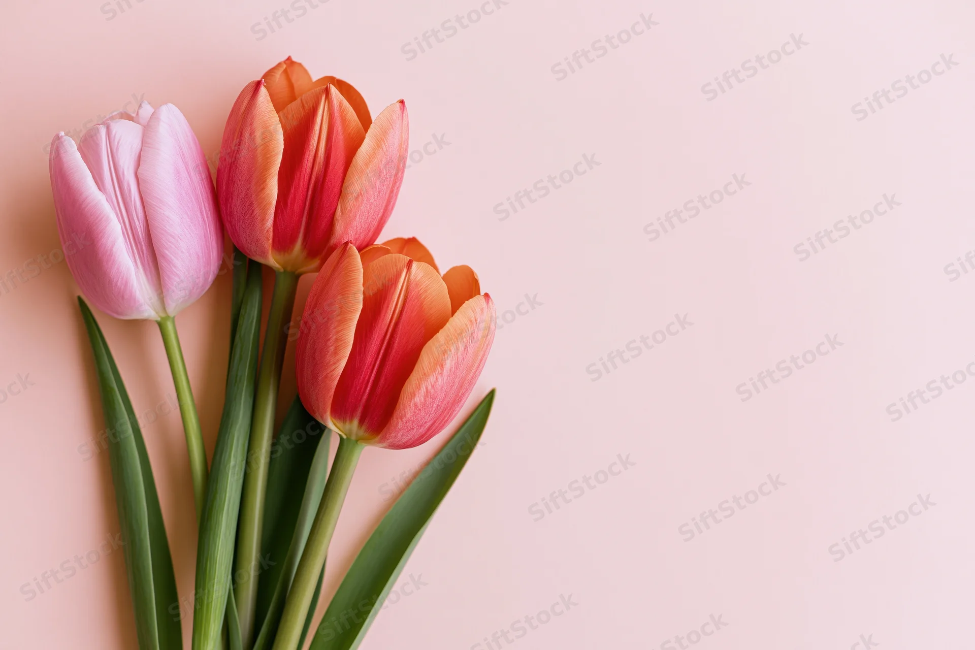 Three tulips in pink and orange-red arranged on a soft pink background with copyspace