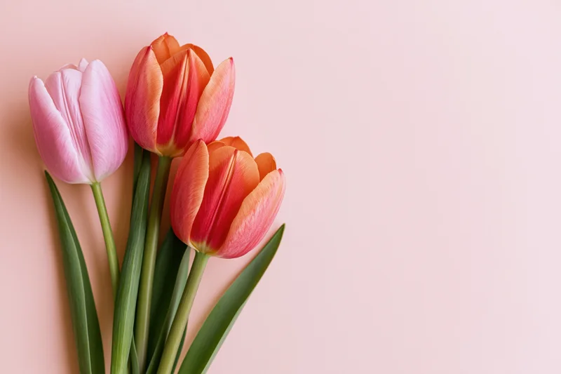 Three tulips in pink and orange-red arranged on a soft pink background with copyspace