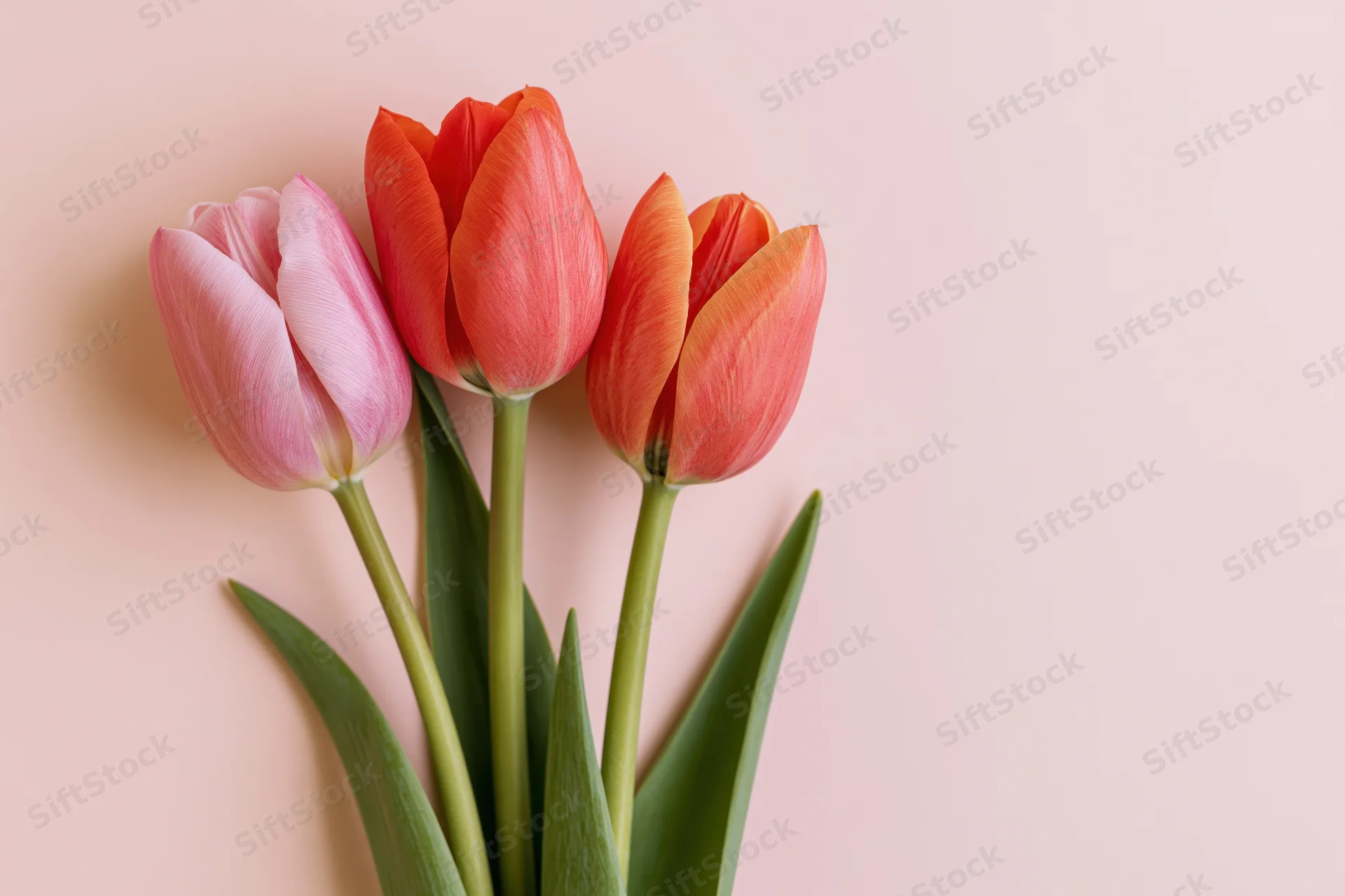 Three tulips in pink and orange-red with green stems and leaves arranged against a soft pink background