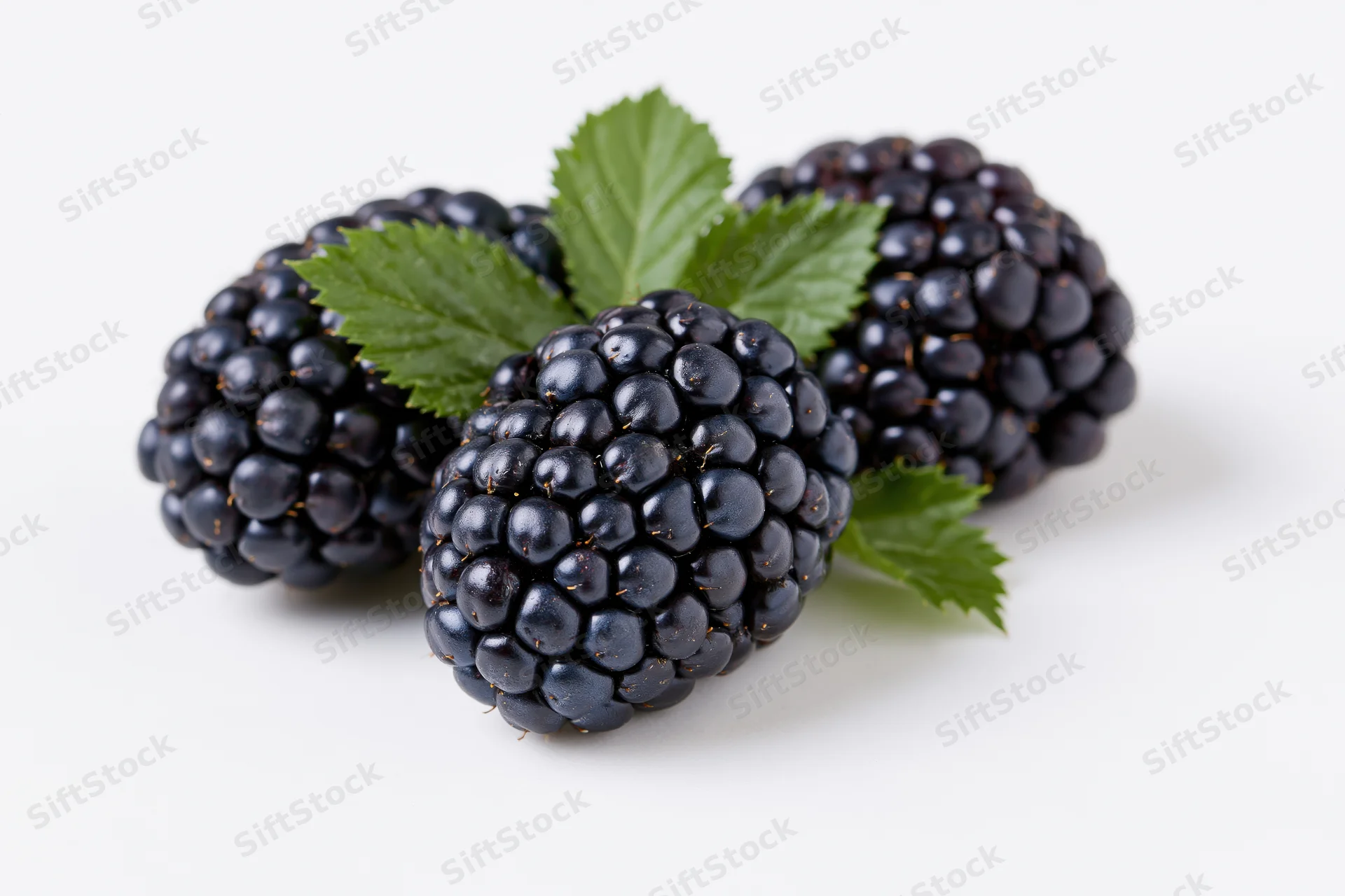 Three ripe blackberries with green leaves arranged on a white surface