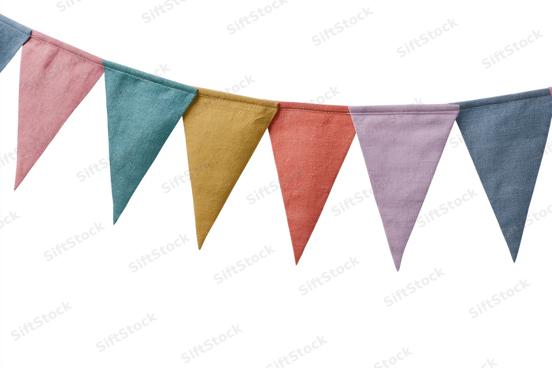 Colorful fabric triangle bunting flags strung horizontally against white background