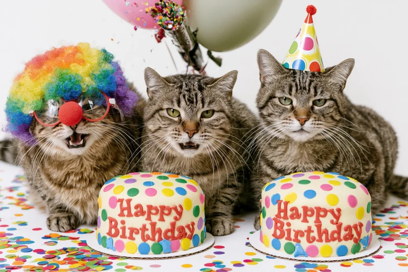 Three tabby cats in birthday costumes posing behind colorful cakes with confetti and balloons