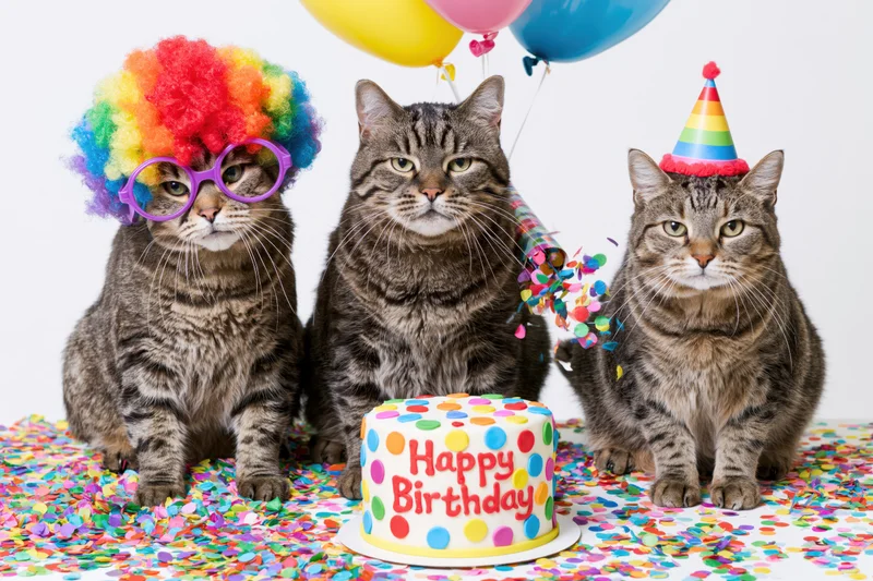 Three tabby cats in birthday costumes posing with a decorated cake and confetti on a white background