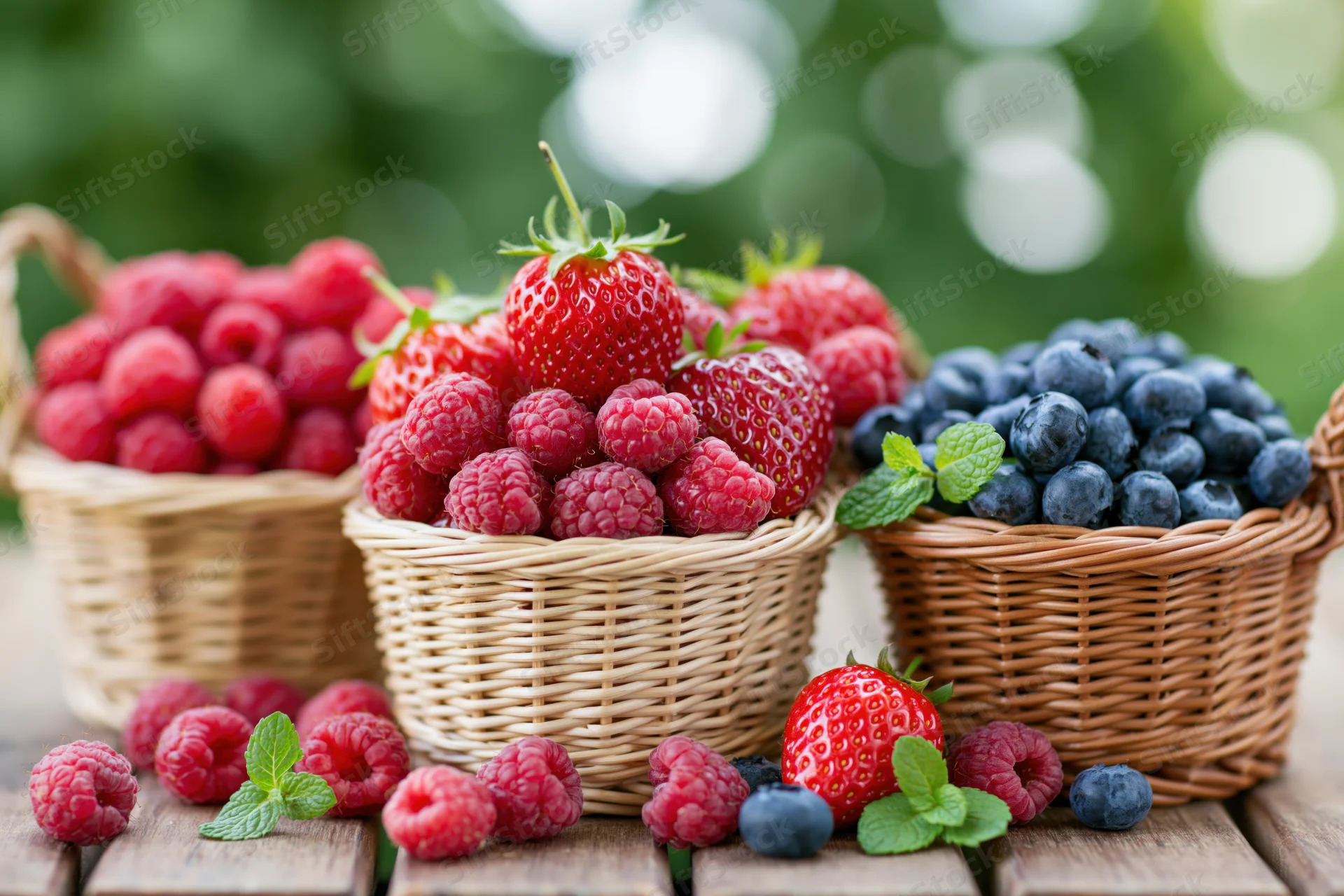 Three wicker baskets filled with fresh strawberries, raspberries and blueberries on a wooden table outdoors