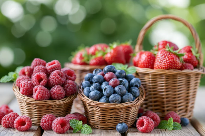 Three wicker baskets filled with fresh raspberries strawberries and blueberries on a wooden table outdoors
