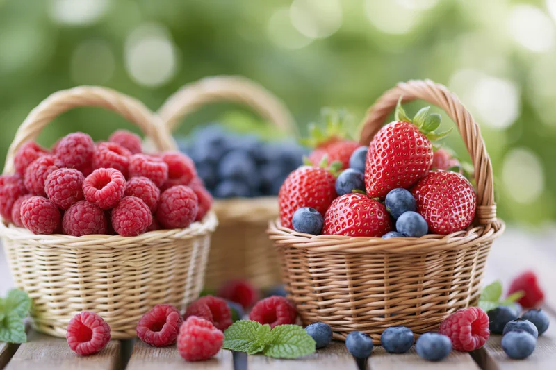 Three wicker baskets filled with fresh strawberries raspberries and blueberries on a wooden table outdoors