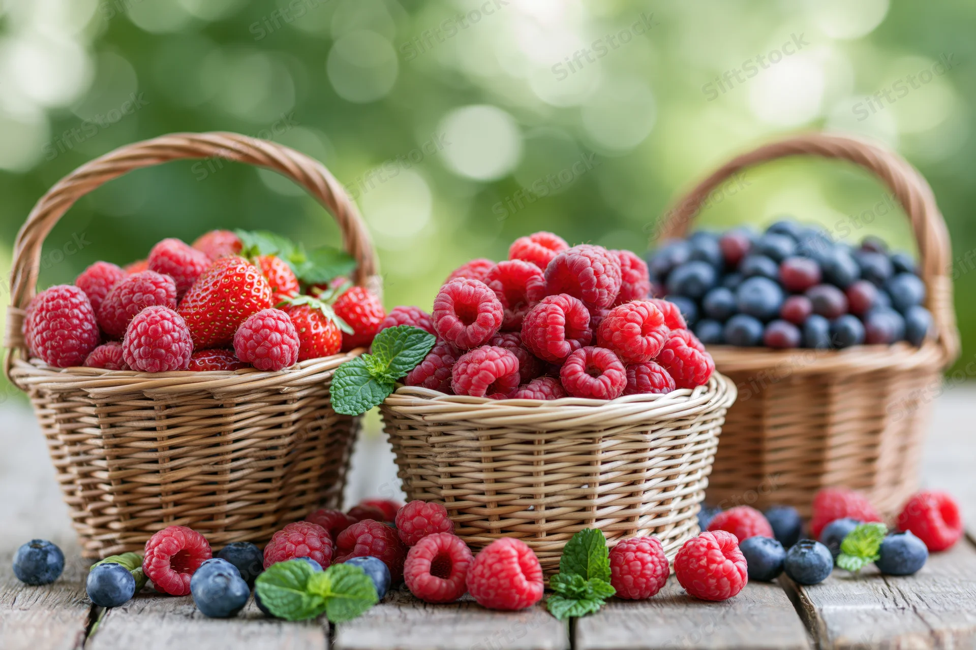 Three wicker baskets filled with fresh raspberries, strawberries and blueberries on a wooden table outdoors