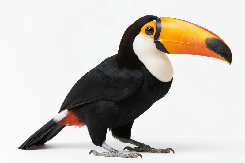 Toco toucan standing in profile facing right on white background