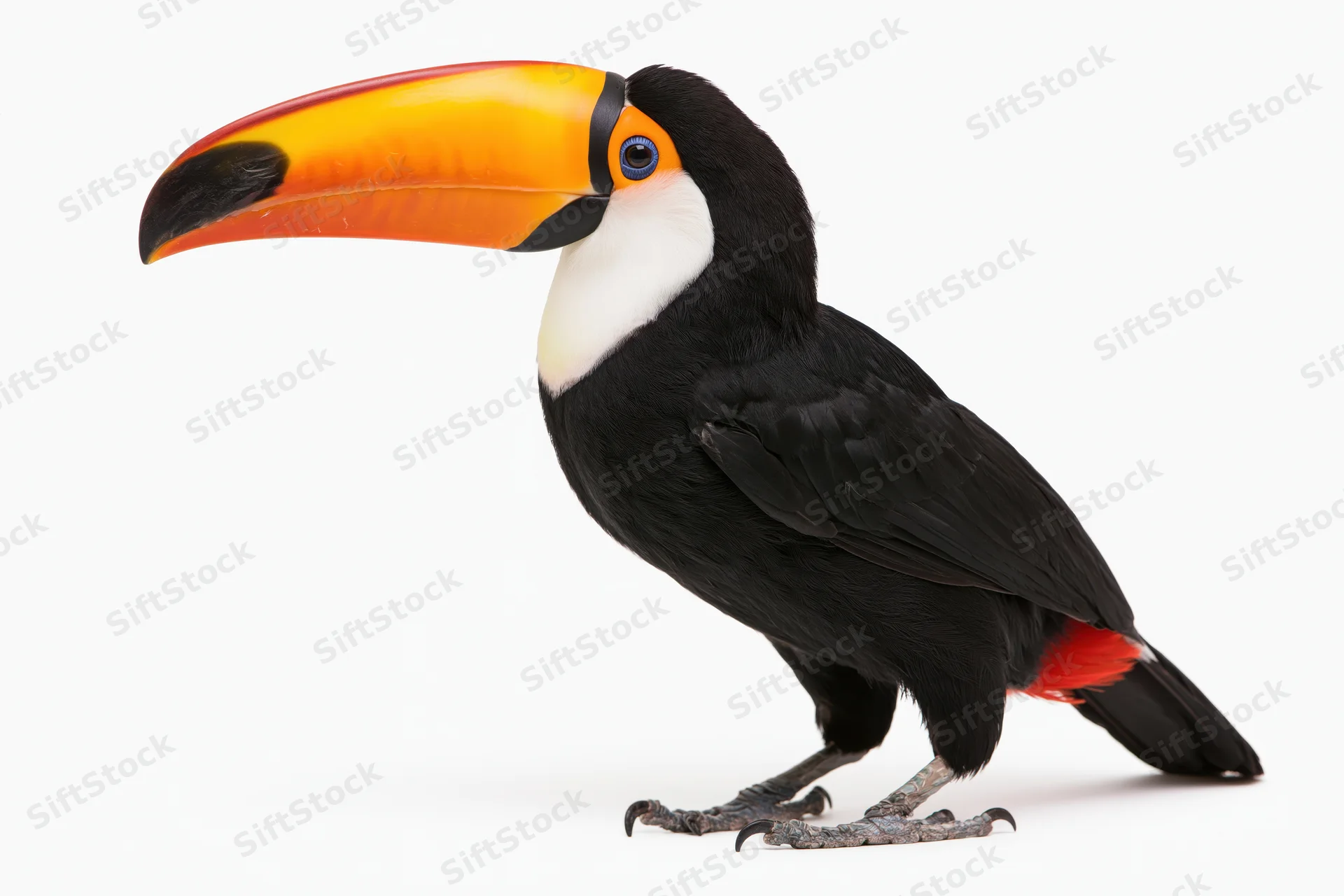 Toco toucan standing in profile view against white background