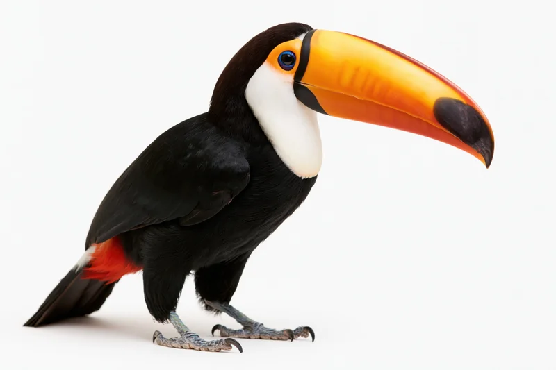 Toco toucan standing upright in profile facing right on white background