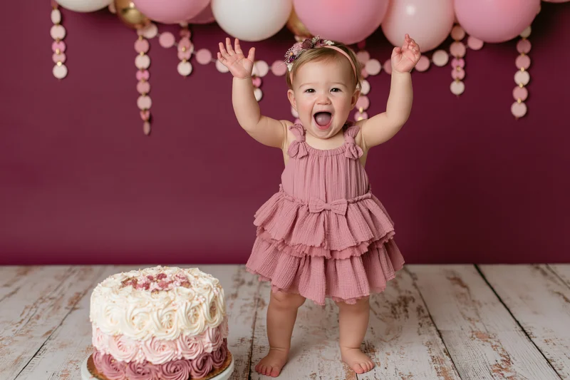Toddler girl in pink dress with arms raised beside a tiered birthday cake on wooden floor
