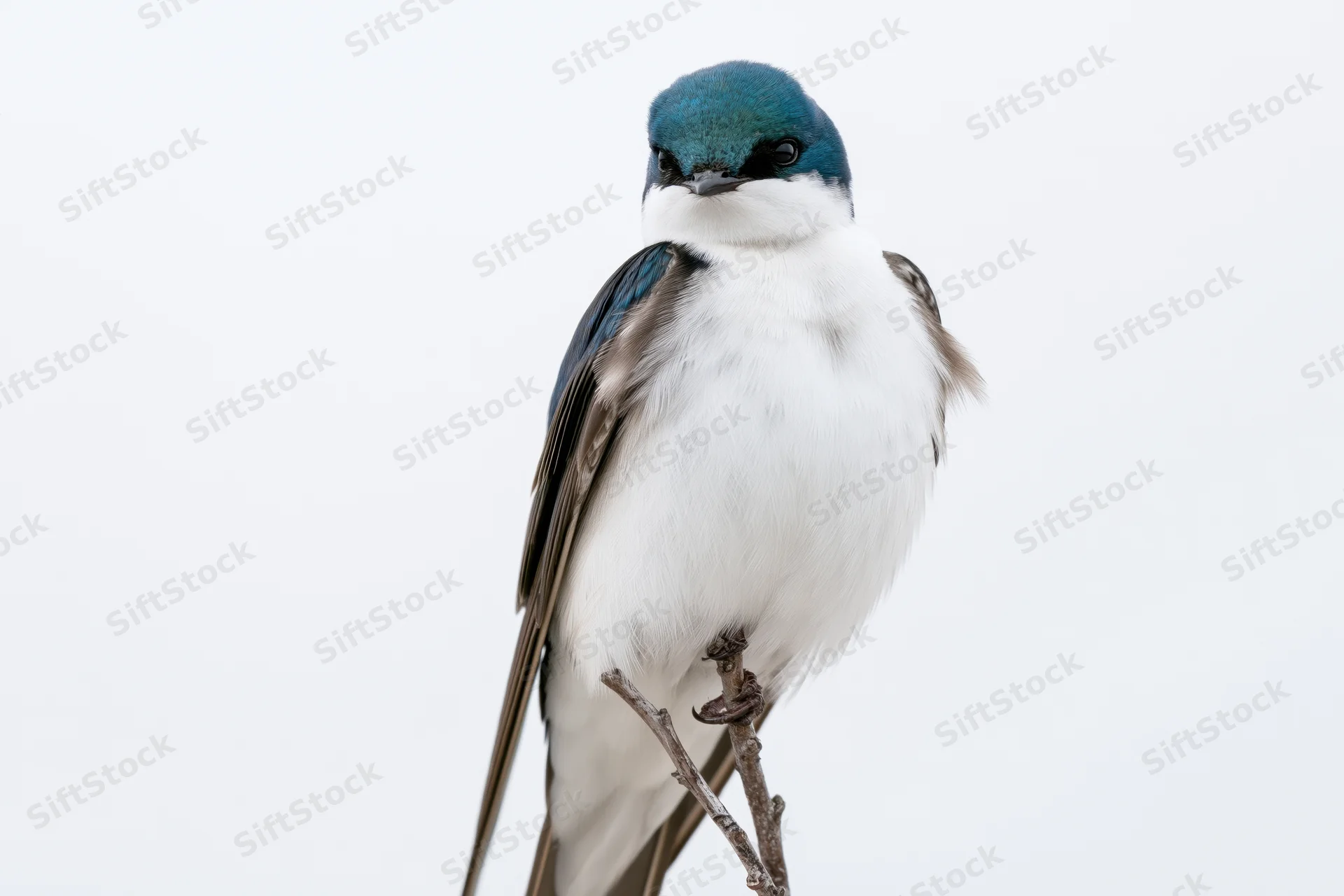 Tree swallow perched upright on a thin twig against a white background