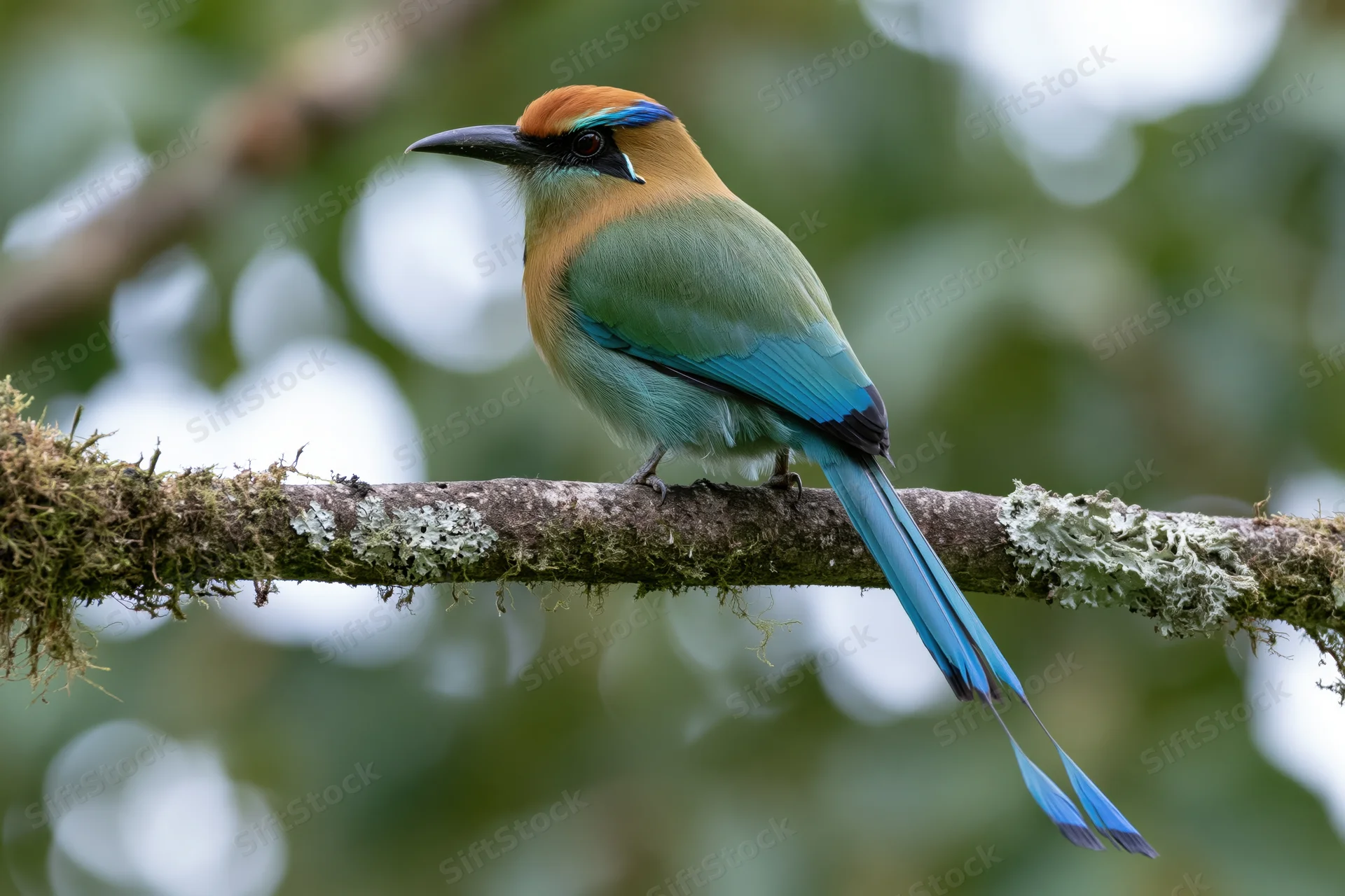 Turquoise-browed motmot perched on a moss-covered branch in a lush forest setting