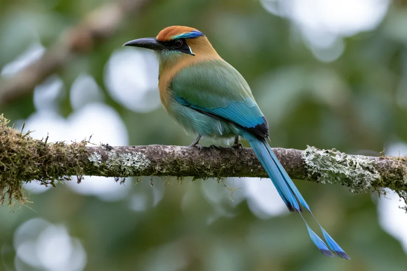 Turquoise-browed motmot perched on a moss-covered branch in a lush forest setting