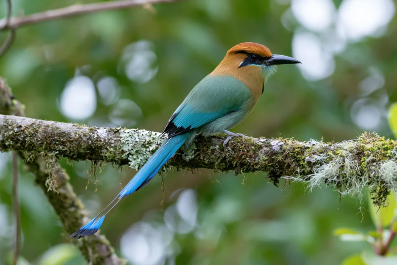 Turquoise-browed motmot perched on a moss-covered branch in a lush forest setting