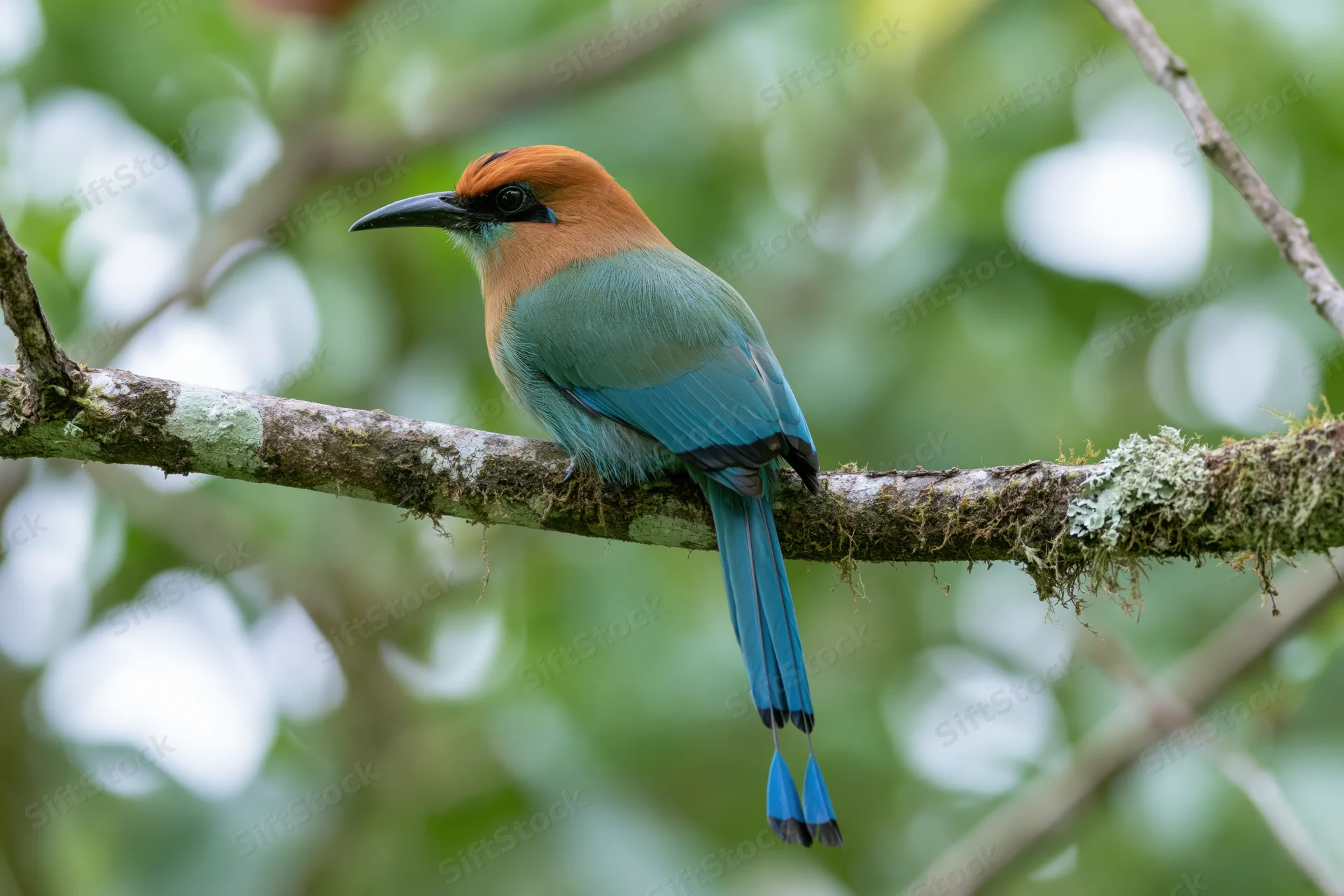 Turquoise-browed motmot perched on a moss-covered branch in a lush forest setting