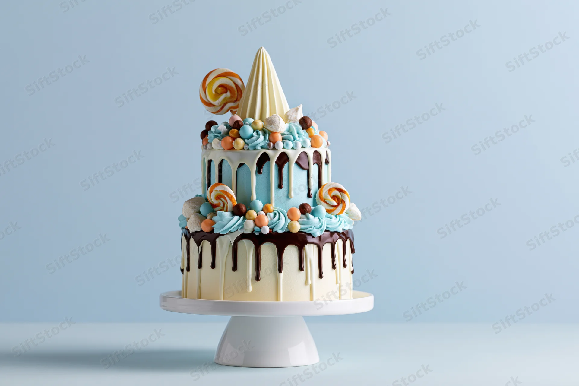 Two-tier celebration cake with chocolate drip and candy decorations on a white pedestal stand