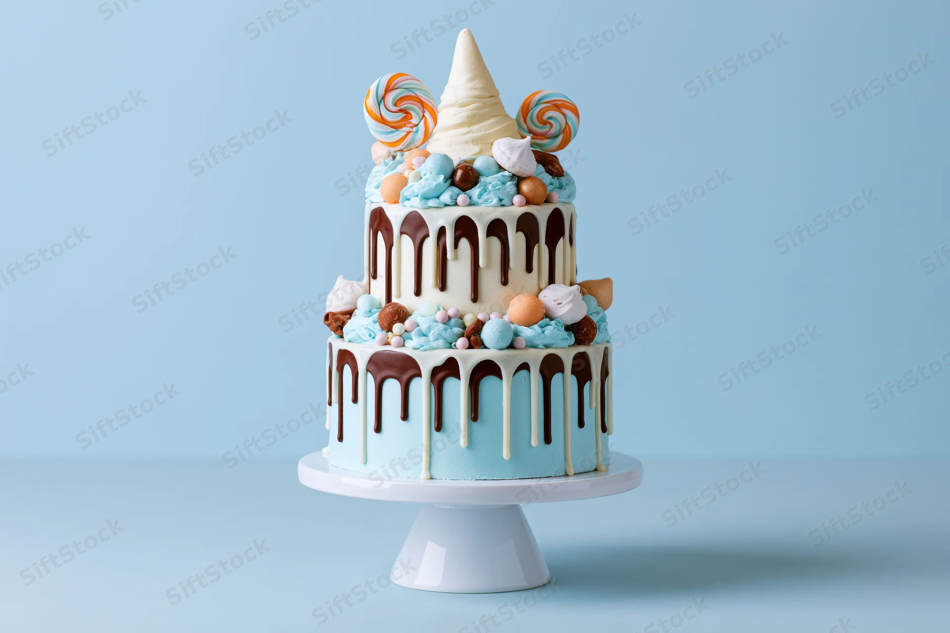 Two-tier celebration cake with chocolate drip and candy decorations on a white pedestal stand