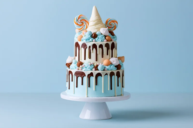 Two-tier celebration cake with chocolate drip and candy decorations on a white pedestal stand