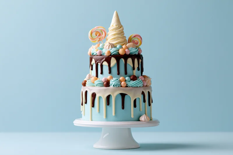 Two-tier celebration cake with chocolate and white drip frosting and candy decorations on a white pedestal stand