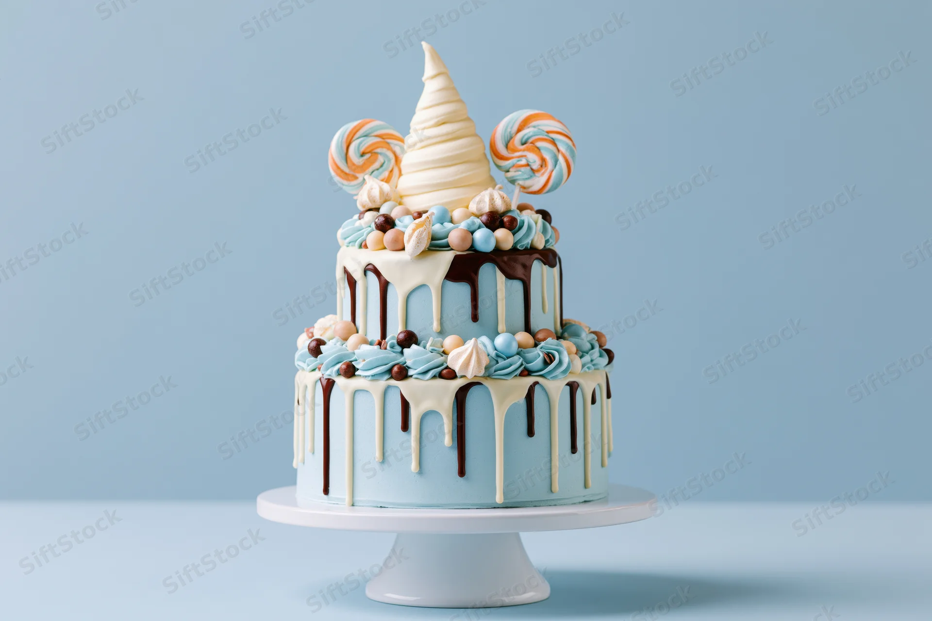 Two-tier celebration cake with blue frosting and chocolate drip on a white pedestal stand