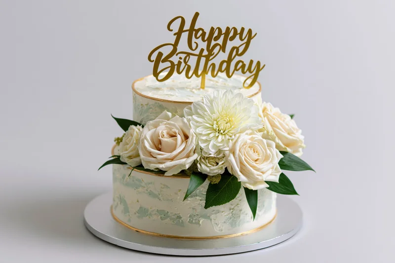 Two-tier white birthday cake decorated with cream roses and a gold happy birthday topper on a silver cake stand against a plain white background