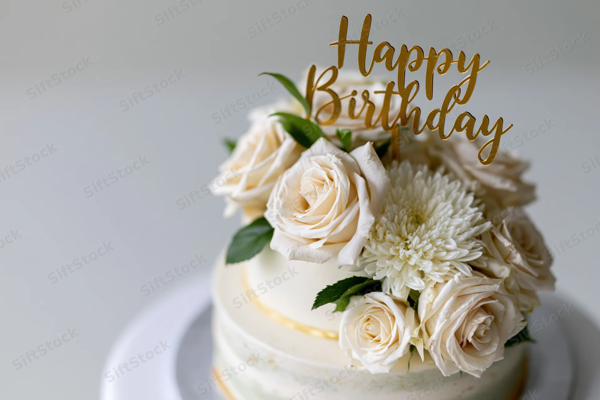 Two-tier white birthday cake decorated with cream roses and a gold "Happy Birthday" topper on a white stand