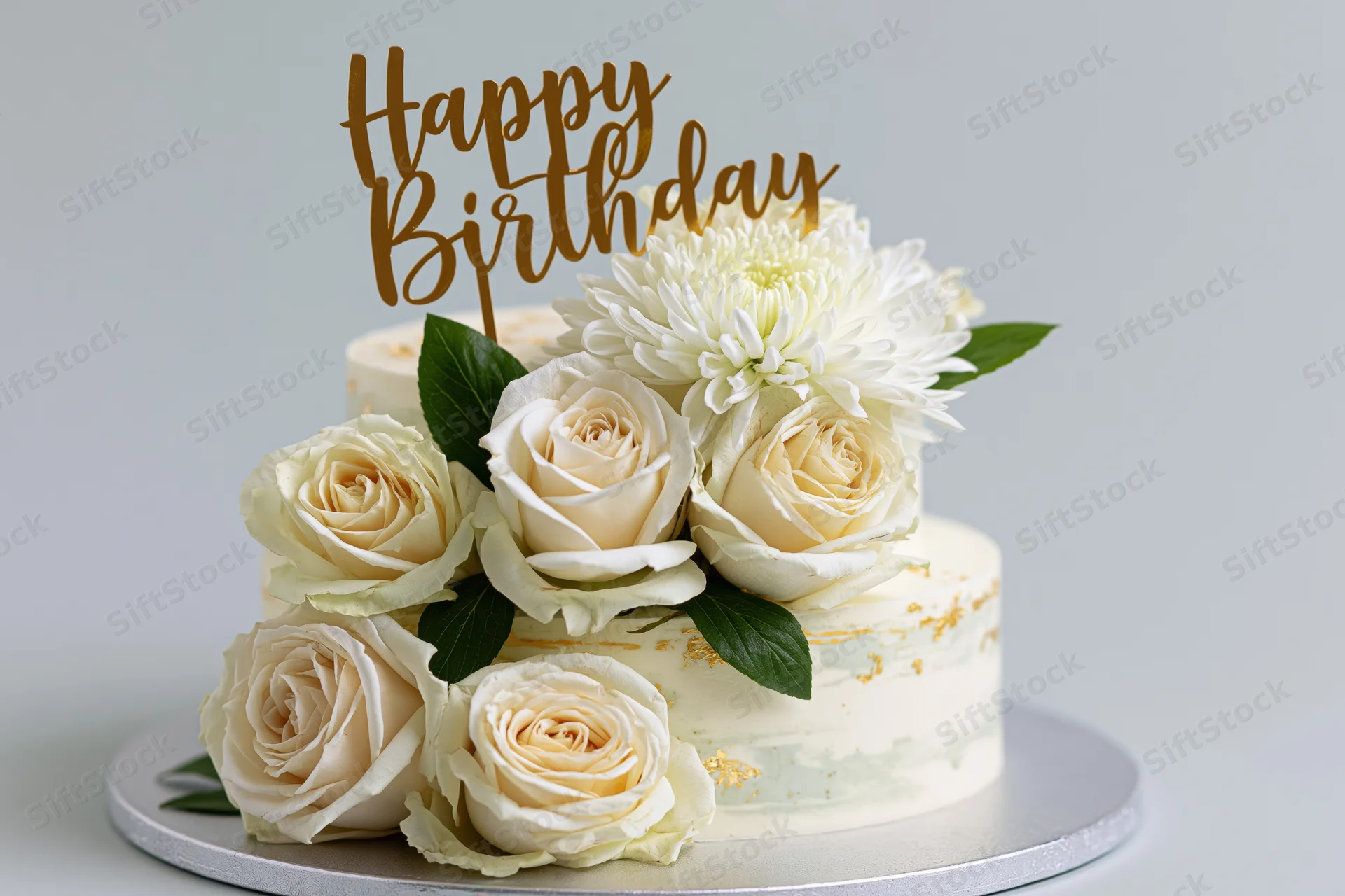 Two-tier white birthday cake decorated with cream roses and a gold happy birthday topper on a silver stand