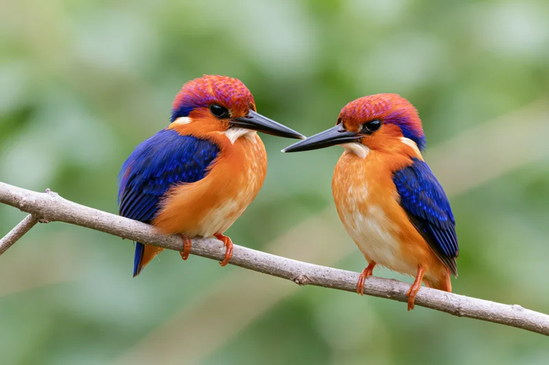 Two african pygmy kingfishers perched side by side on a bare branch in a green forest setting