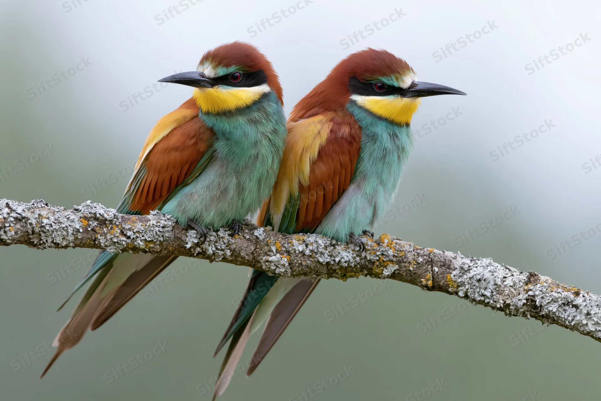 Two european bee-eaters perched side by side on a lichen-covered branch