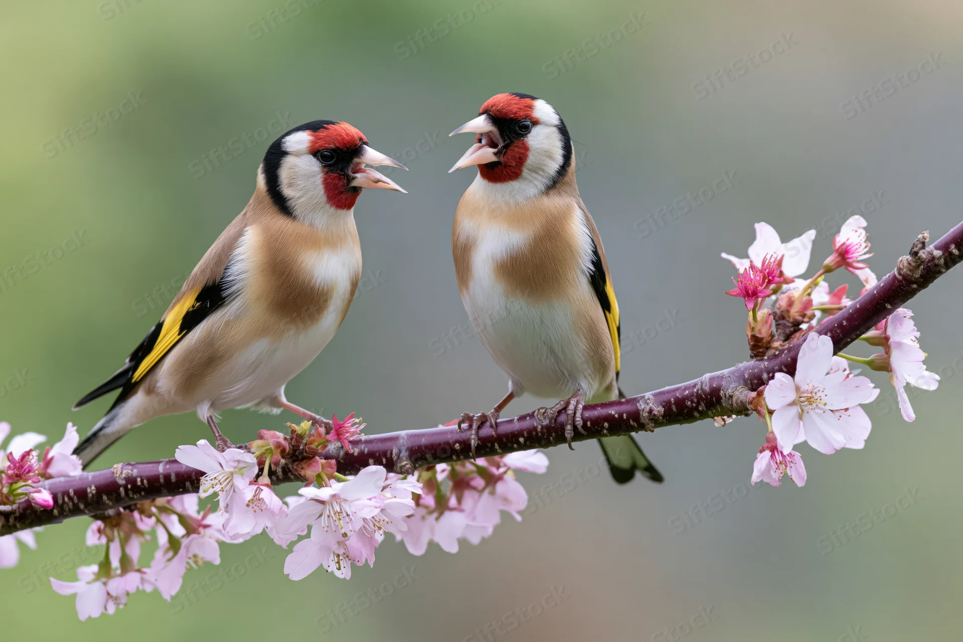 Two goldfinches perched on a flowering cherry branch in spring