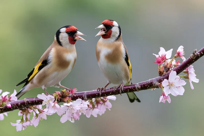Two goldfinches perched on a flowering cherry branch in spring