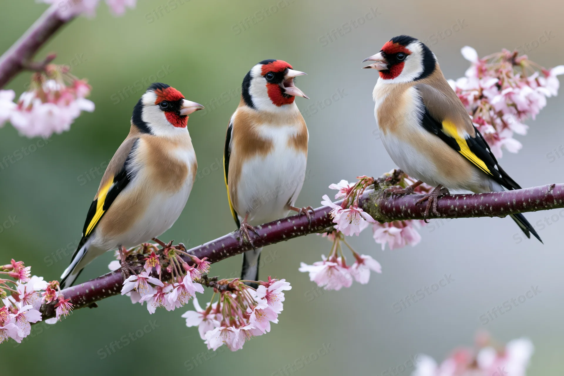 Three goldfinches perched on a flowering cherry branch in spring