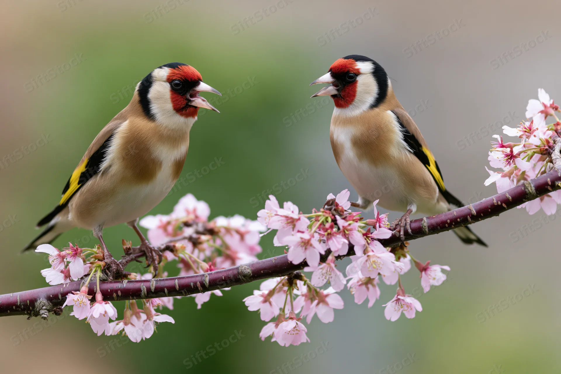 Two goldfinches perched on a flowering cherry branch in spring