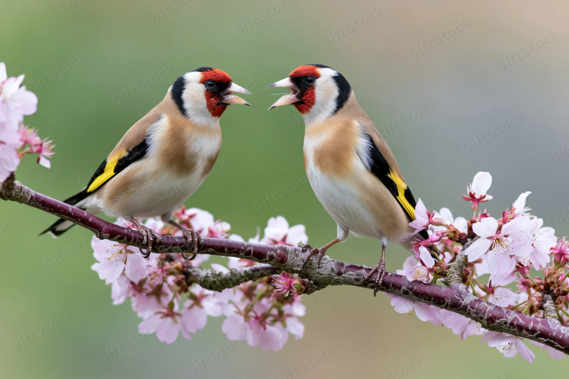 Two european goldfinches perched on a flowering cherry branch in spring