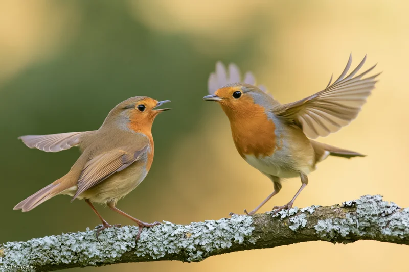 Two european robins interacting on a lichen-covered branch, one singing with wings spread