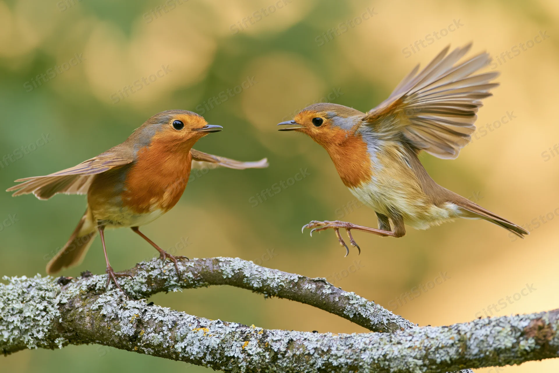 Two european robins interacting on a lichen-covered branch in a forest setting