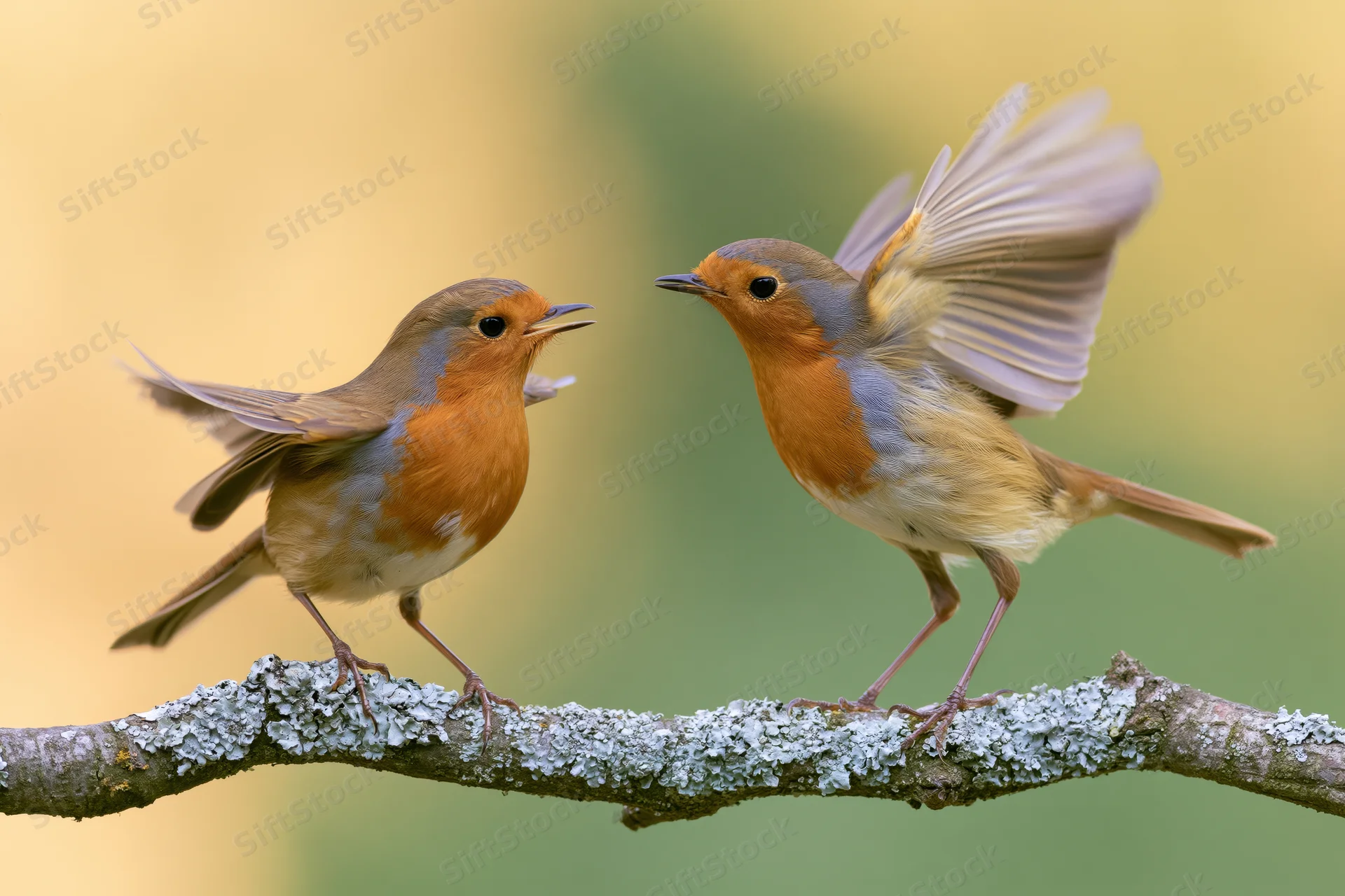 Two european robins interacting on a lichen-covered branch in a natural outdoor setting