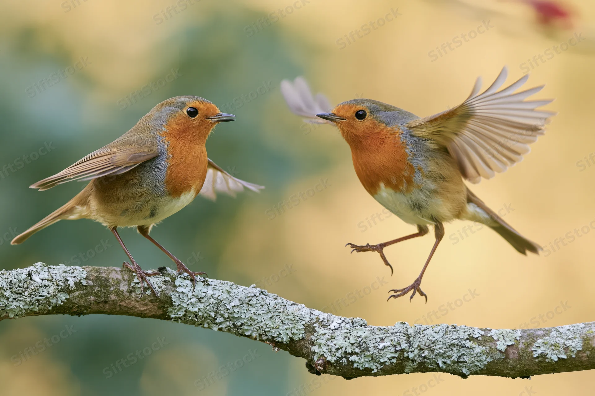 Two european robins on a lichen-covered branch one perched and one in flight